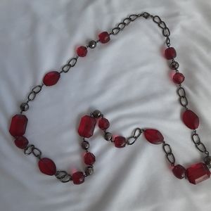 Red Plastic Crystal and Gun Metal Chain Necklace
